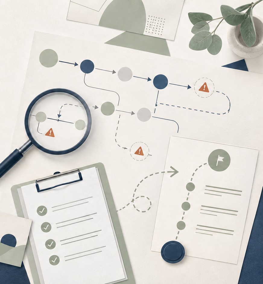 Illustration d'outils d'analyse et de suivi : loupe, presse-papiers, feuille de route
